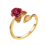 Women Ring Red Rose Garden Flower Leaves Open Ring Resizable Finger Rings For Women Valentine's Day Gift Jewelry daiiibabyyy