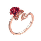 Women Ring Red Rose Garden Flower Leaves Open Ring Resizable Finger Rings For Women Valentine's Day Gift Jewelry daiiibabyyy