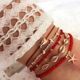 docona 5pcs Boho Shell Red Beaded Anklet Set for Women Multilayer Starfish Crystal Pendant Foot Chains Ladies Beach Jewelry 8801