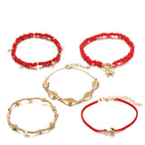 docona 5pcs Boho Shell Red Beaded Anklet Set for Women Multilayer Starfish Crystal Pendant Foot Chains Ladies Beach Jewelry 8801 daiiibabyyy