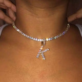 Iced Out 26 Letter Initial Necklace Silver Color Tennis Chain Choker for Women Bling Crystal Alphabet Necklace Statement Jewelry daiiibabyyy