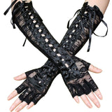 Women Sexy Lace Long Gloves Winter Elbow Length Half-finger Gloves Ribbon Fingerless Fishnet Mesh Etiquette Party Goth Gloves daiiibabyyy