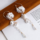 Lifefontier Fashion Long Tassel Simulated Pearl Drop Earrings Big Crystal Bead Flower Petal Earrings for Women Wedding Jewelry daiiibabyyy