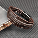 New MingAo Punk Men's Woven Multi-layer Coffee-colored Leather Accessories Special Birthday Gift Stainless Steel Magnet Bracelet daiiibabyyy