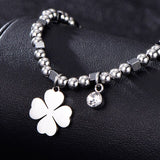 Stainless Steel Clover Charm Bracelets For Women Silvery Minimalism Round Beads Chain With Rhinestone Fashion Jewelry daiiibabyyy