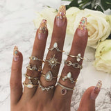 Women's Boho Charm Gold Star Knuckle Rings Set Crystal Star Crescent Geometric Female Finger Rings Bohemia Jewelry Gifts daiiibabyyy