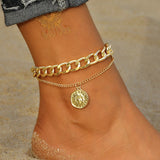 IPARAM Vintage Bohemian Metal Anklet for Women's Twist Thick Chain Coin Beads Anklet Bracelet on Leg Beach Holiday Foot Jewelry