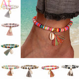 2021 New 7 Multicolor Tassel Anklet Bohemian Jewelry For Women polymerclay Beaded Elastic Chain Shell Ankle Chain Leg Foot Chain