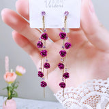 2021 Fashion Rose Flower Drop Earrings for Women Shiny Rhinestone Long Tassel Asymmetry Earring Girls Wedding Party Jewelry daiiibabyyy