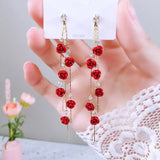 2021 Fashion Rose Flower Drop Earrings for Women Shiny Rhinestone Long Tassel Asymmetry Earring Girls Wedding Party Jewelry daiiibabyyy