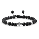 Hot Men Bracelets 6mm Black Lava Rock Stone Handmade Hematite Cross Beaded Bracelet & Bangle Adjustable Size Women Wrist Jewelry daiiibabyyy