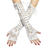 Women Sexy Lace Long Gloves Winter Elbow Length Half-finger Gloves Ribbon Fingerless Fishnet Mesh Etiquette Party Goth Gloves daiiibabyyy