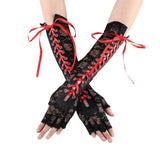 Women Sexy Lace Long Gloves Winter Elbow Length Half-finger Gloves Ribbon Fingerless Fishnet Mesh Etiquette Party Goth Gloves daiiibabyyy