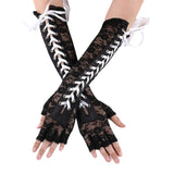 Women Sexy Lace Long Gloves Winter Elbow Length Half-finger Gloves Ribbon Fingerless Fishnet Mesh Etiquette Party Goth Gloves daiiibabyyy