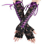 Women Sexy Lace Long Gloves Winter Elbow Length Half-finger Gloves Ribbon Fingerless Fishnet Mesh Etiquette Party Goth Gloves daiiibabyyy