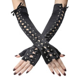 Women Sexy Lace Long Gloves Winter Elbow Length Half-finger Gloves Ribbon Fingerless Fishnet Mesh Etiquette Party Goth Gloves daiiibabyyy