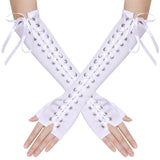 Women Sexy Lace Long Gloves Winter Elbow Length Half-finger Gloves Ribbon Fingerless Fishnet Mesh Etiquette Party Goth Gloves daiiibabyyy