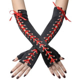 Women Sexy Lace Long Gloves Winter Elbow Length Half-finger Gloves Ribbon Fingerless Fishnet Mesh Etiquette Party Goth Gloves daiiibabyyy