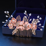 Fashion Pink Blue Flower Hairpins Pearls Rhinestone Hair Combs Prom Bridal Wedding Hair Accessories Gold Leaves Hair Jewelry daiiibabyyy