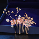 Fashion Pink Blue Flower Hairpins Pearls Rhinestone Hair Combs Prom Bridal Wedding Hair Accessories Gold Leaves Hair Jewelry daiiibabyyy