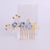 Fashion Pink Blue Flower Hairpins Pearls Rhinestone Hair Combs Prom Bridal Wedding Hair Accessories Gold Leaves Hair Jewelry daiiibabyyy